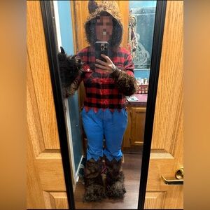 Werewolf Costume with Red Plaid and Blue Pants with paws and feet